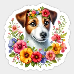 A jack russel terrier with beautiful colorful flowers Sticker